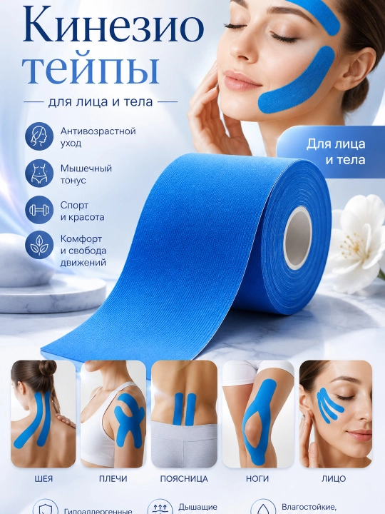 Кинезиотейп для лица и тела, косметический и спортивный тейп, 5 см × 5 м