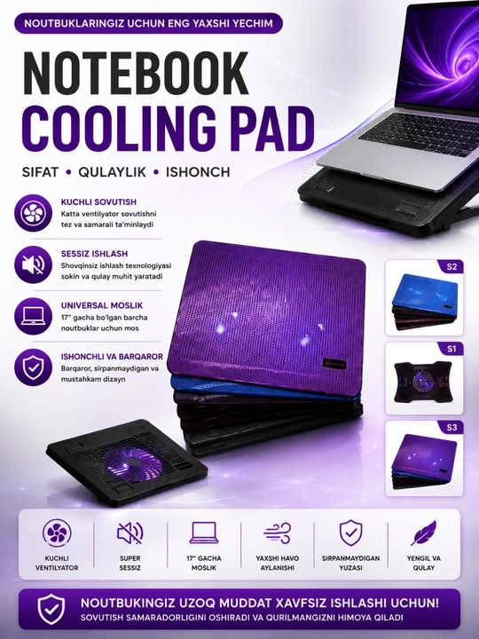 S1/S2/S3 Notebook Cooling Pad – 9–17" Noutbuklar Uchun USB Sovutish Stendi - 
