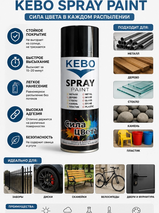 KEBO Spray bo‘yoq – aerozol bo‘yoq, metall, yog‘och, plastik va shisha uchun, tez quriydi
