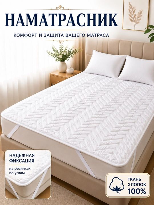 Namatrasnik 100% paxta – matras himoyasi, yumshoq, rezinkali, oq rangli to'shak qoplamasi - 