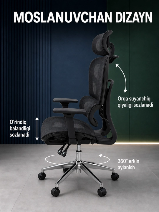 Ofis kreslo, ergonomik to‘rli kompyuter stuli, bosh va bel tayanchli