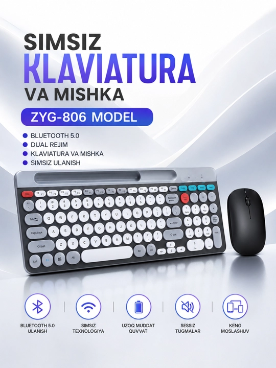 Zyg-806 simsiz bluetooth 2.4g klaviatura va sichqoncha to‘plami, dual mode - 