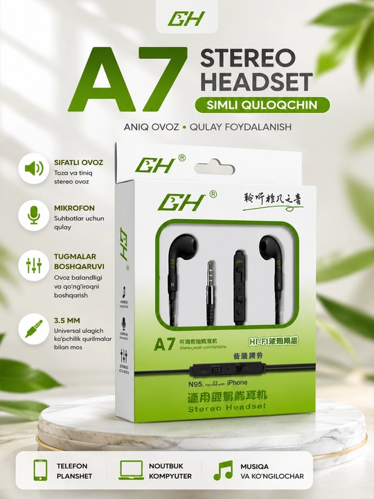 A7 stereo simli naushnik mikrofonli 3.5 mm quloqchin android va iphone qurilmalari uchun - 