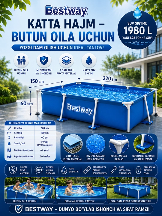 Karkasli basseyn Bestway 183×51 sm, 880 l, dumaloq hovuz, oilaviy puflanadigan basseyn
