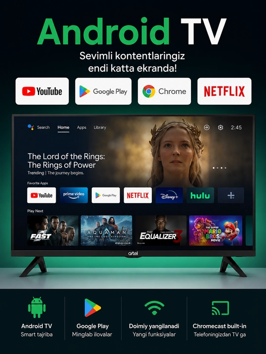 Телевизор Artel UA32H3200 32" HD Smart Android TV, Wi-Fi, Bluetooth, чёрный