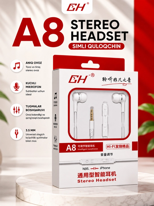 A8 stereo simli naushnik mikrofonli 3. 5 mm quloqchin android va IPhone qurilmalari uchun - 