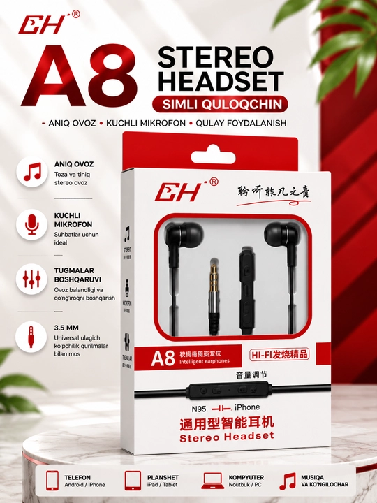 A8 stereo simli naushnik mikrofonli 3. 5 mm quloqchin android va IPhone qurilmalari uchun - 