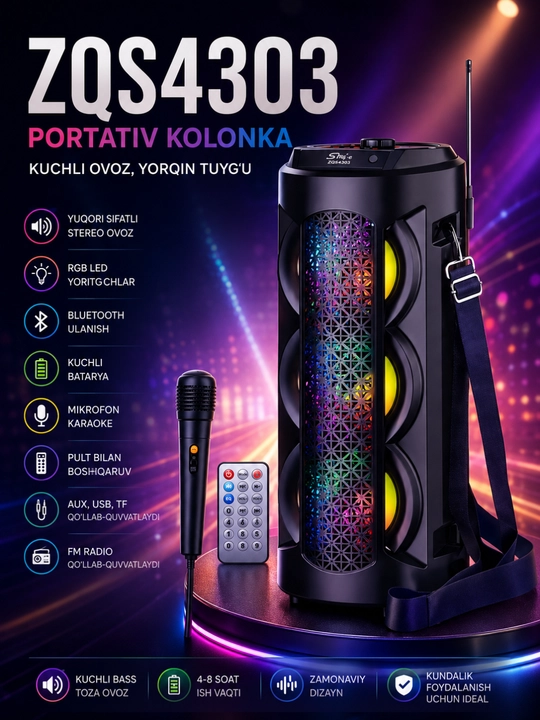 Многофункциональная Bluetooth караоке-колонка с RGB-подсветкой, микрофоном и пультом - 