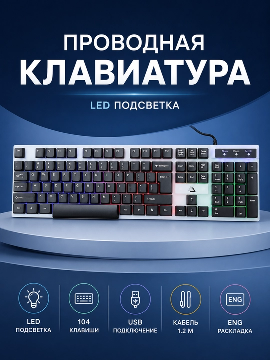 Клавиатура - USB-клавиатура, подходит как для офисной работы, так и для игр - 