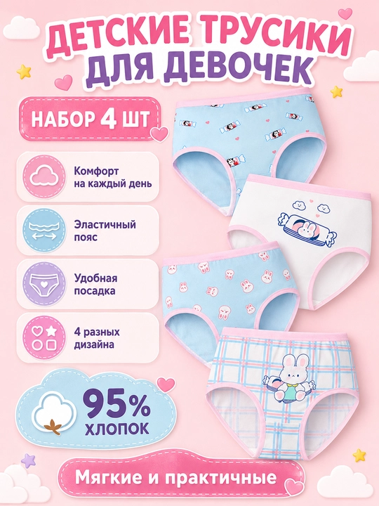 Qiz bolalar uchun trusilar, paxtadan 95 %, to'plamda dona - 