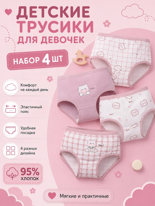 Qiz bolalar uchun trusilar, paxtadan 95 %, to'plamda dona - 