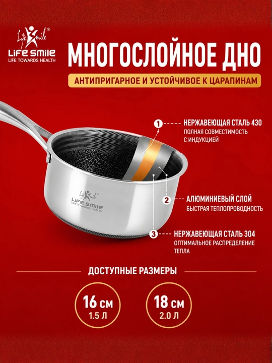 Ковш Life Smile Premium 16/18 см из нержавеющей стали 18/10 с титановым покрытием