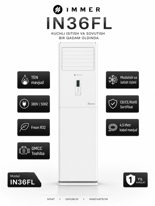 IMMER IN36FL pol konditsioneri, Inverter, sovutish va isitish, R32, 380V