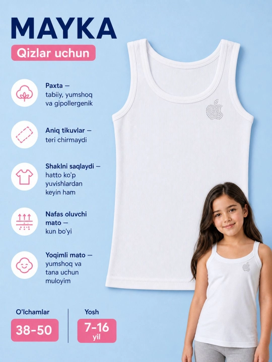Qizlar uchun oq bazaviy mayka – maktab formasi va har kunlik kiyish uchun - 