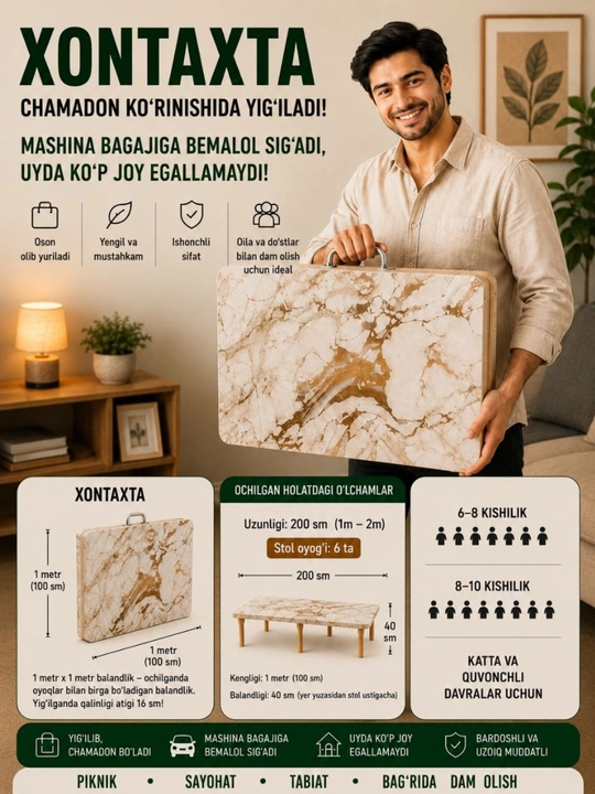 Yig‘iladigan stol-xontaxta chamadon shaklidagi transformator
