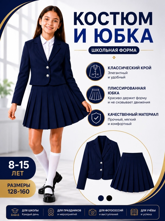 Школьная форма для девочки, костюм с пиджаком и плиссированной юбкой, размеры 128–160 - 