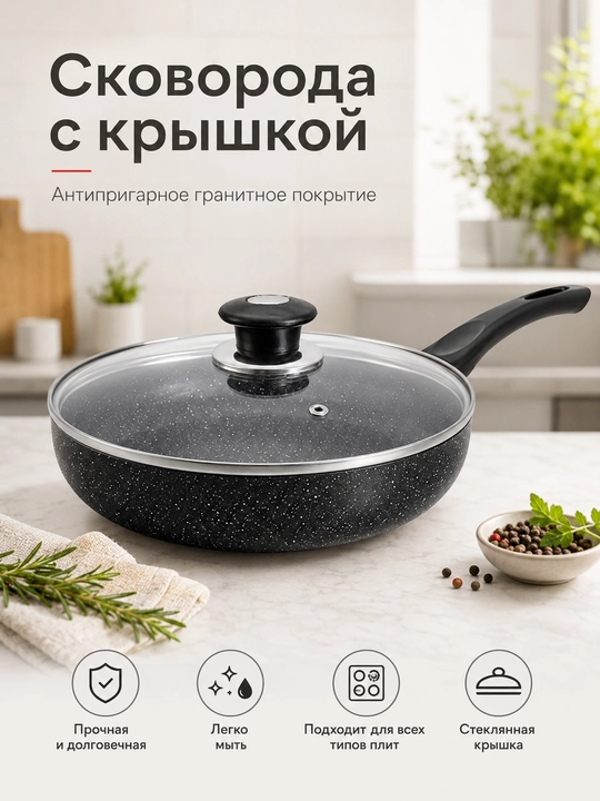 Сковорода с крышкой, антипригарная гранитная, для жарки и тушения, для всех плит