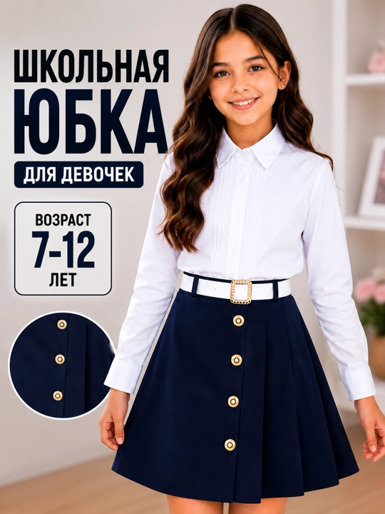Современная школьная юбка для девочек с пуговицами черная 7–12 лет - 