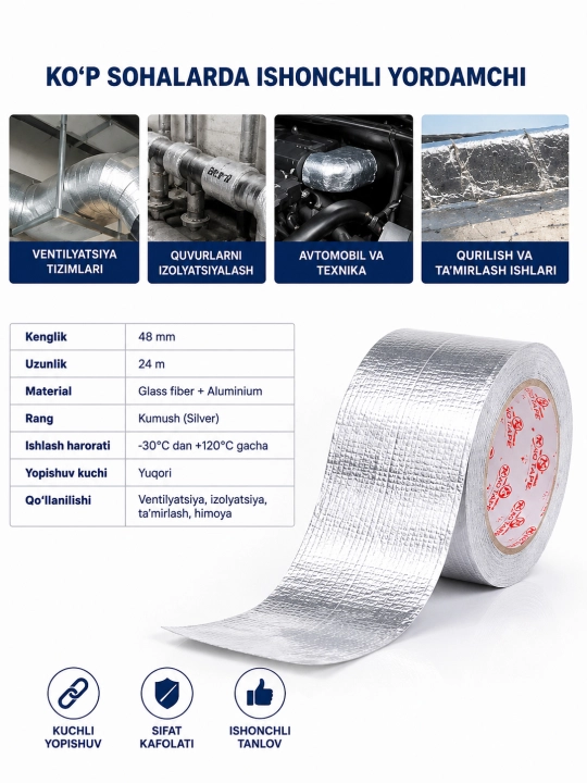 Алюминиевая лента Glass Fiber 48 мм × 24 м | Термостойкая Nano Tape