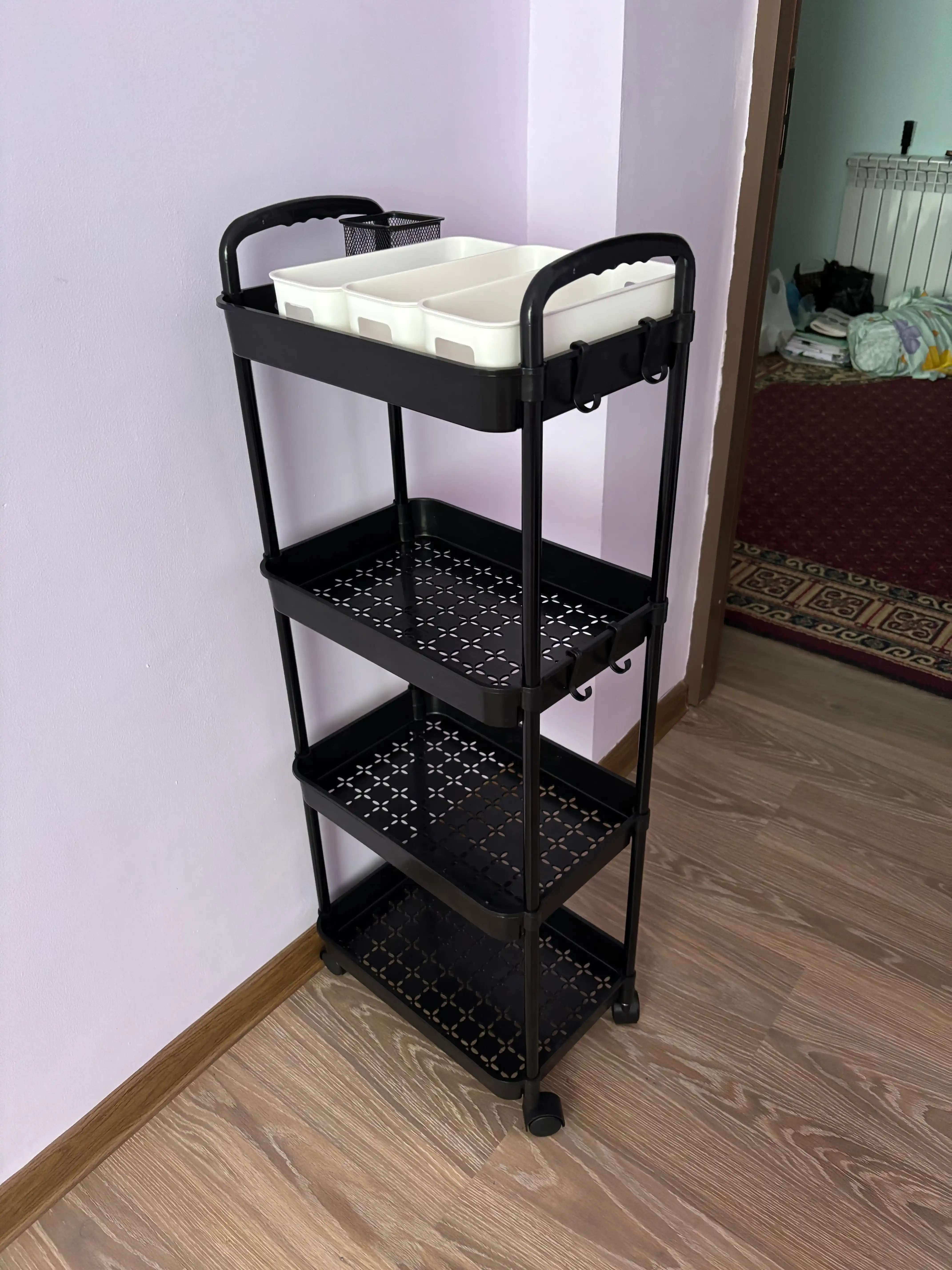 Oshxona va hammom uchun g‘ildirakli plastik javon, buyumlarni saqlash uchun javon-tokcha