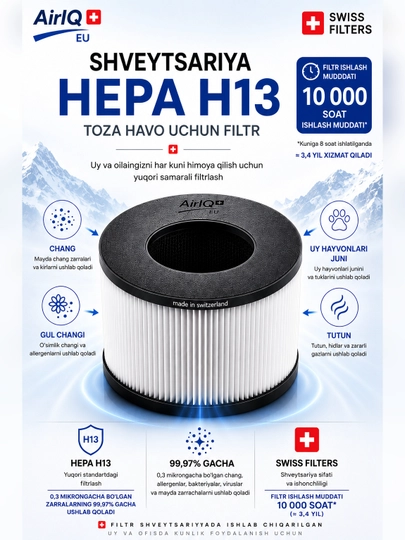AirIQ Mini havo tozalagichi uchun almashtiriladigan HEPA H13 filtr, 10 000 soat