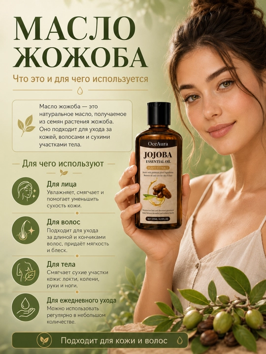 Натуральное масло жожоба для ухода за лицом, телом и волосами, 125 мл - 
