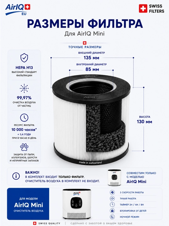 AirIQ Mini havo tozalagichi uchun almashtiriladigan HEPA H13 filtr, 10 000 soat