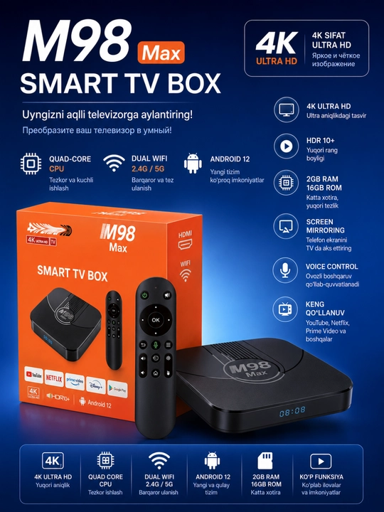 M98 Max TV pristavkasi (Smart TV quti) - 