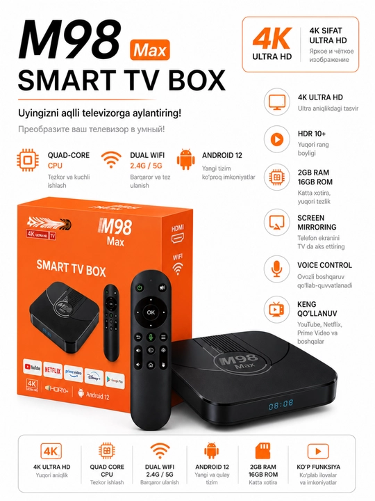 M98 Max TV pristavkasi (Smart TV quti)