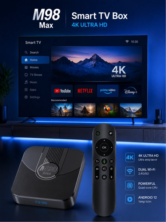 M98 Max TV pristavkasi (Smart TV quti)