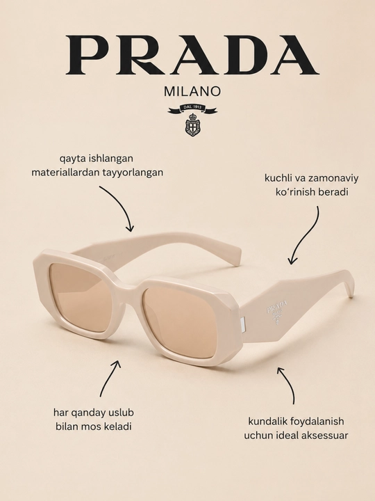 PRADA Milano yozuvli ayollar quyosh ko‘zoynagi, qalin to‘rtburchak ramkali