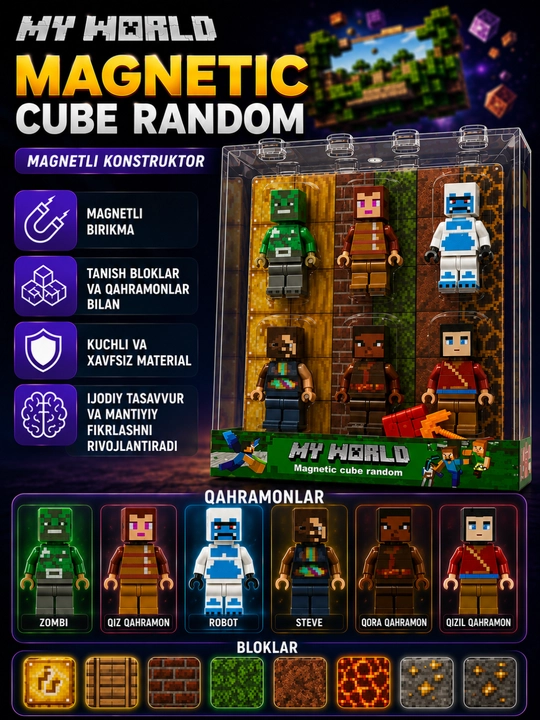 Minecraft magnit konstruktor to‘plami figurkalar va bloklar, 6+ - 