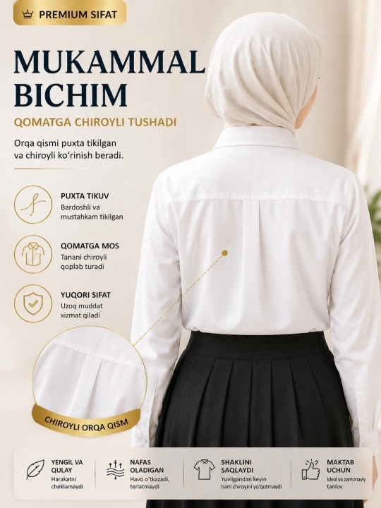 Qizlar uchun oq maktab ko'ylagi, dekorativ bezakli, uzun yengli klassik kofta