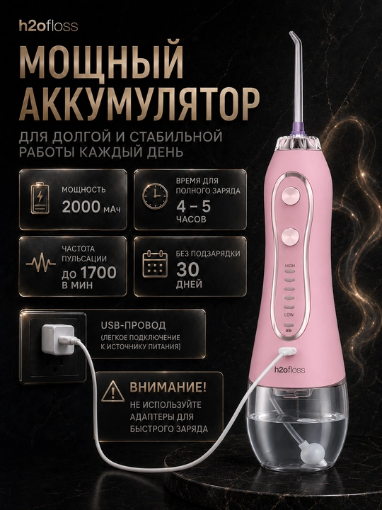Ирригатор H2OFloss портативный, 5 режимов, 8 насадок, комплексный уход за зубами и деснами