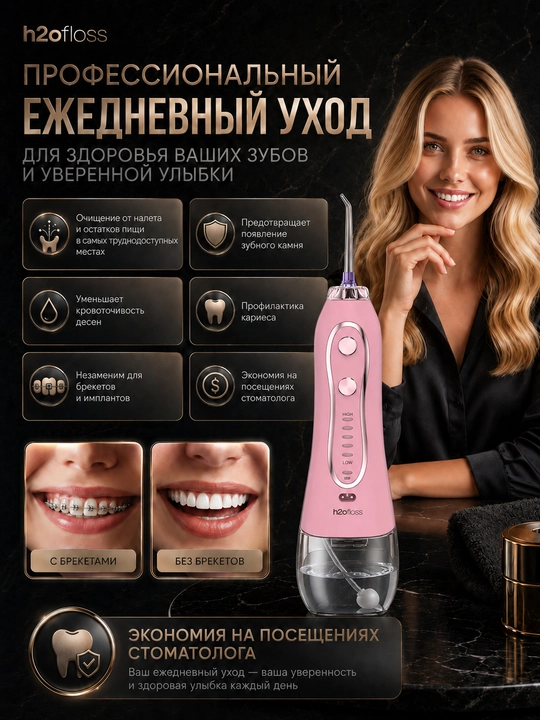 Ирригатор H2OFloss портативный, 5 режимов, 8 насадок, комплексный уход за зубами и деснами