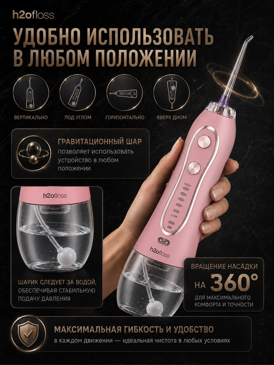 Ирригатор H2OFloss портативный, 5 режимов, 8 насадок, комплексный уход за зубами и деснами