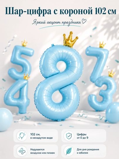 Большой шар цифра, 102 см с короной, шарики 1, 2, 3, 4, 5, 6, 7, 8, 9, 0 на день рождения - 