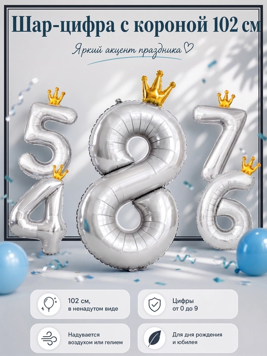 Большой шар цифра, 102 см с короной, шарики 1, 2, 3, 4, 5, 6, 7, 8, 9, 0 на день рождения - 