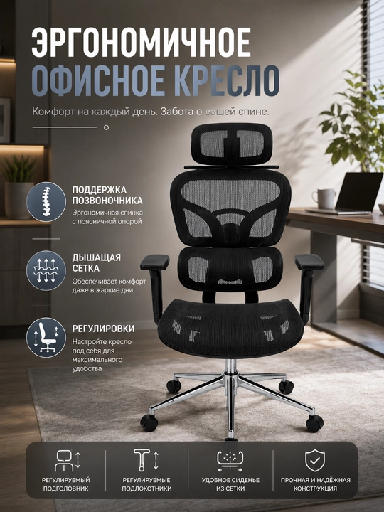 Ofis kreslosi ergonomik, bosh suyanchig‘li to‘rli kompyuter stuli, qora - 