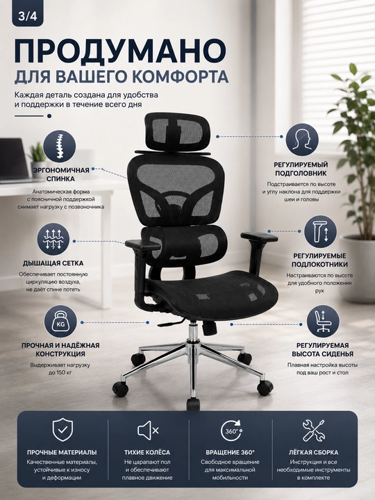 Ofis kreslosi ergonomik, bosh suyanchig‘li to‘rli kompyuter stuli, qora