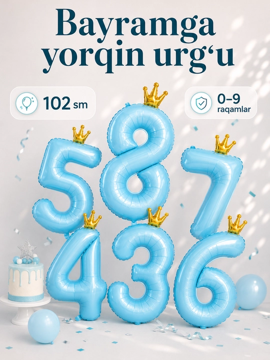 Katta raqam shar, toj bilan, raqamlar 1, 2, 3, 4, 5, 6, 7, 8, 9, 0 tug‘ilgan kunga sharlar