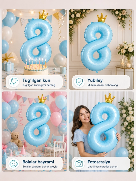 Katta raqam shar, toj bilan, raqamlar 1, 2, 3, 4, 5, 6, 7, 8, 9, 0 tug‘ilgan kunga sharlar