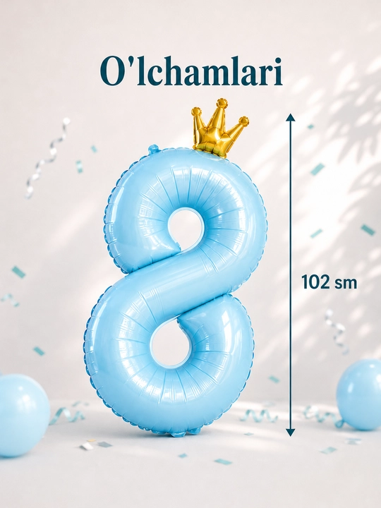 Katta raqam shar, toj bilan, raqamlar 1, 2, 3, 4, 5, 6, 7, 8, 9, 0 tug‘ilgan kunga sharlar