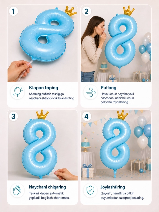 Katta raqam shar, toj bilan, raqamlar 1, 2, 3, 4, 5, 6, 7, 8, 9, 0 tug‘ilgan kunga sharlar