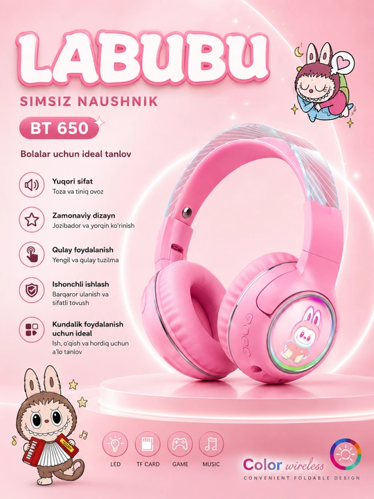 LABUBU BT650 Беспроводные Bluetooth 5.3 Наушники, RGB, Микрофон, TF-карта - 