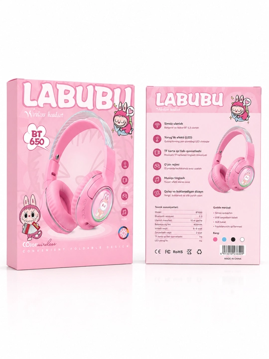 LABUBU BT650 Simsiz Bluetooth 5.3 Naushnik, RGB LED, Mikrofon, TF Karta, Stereo