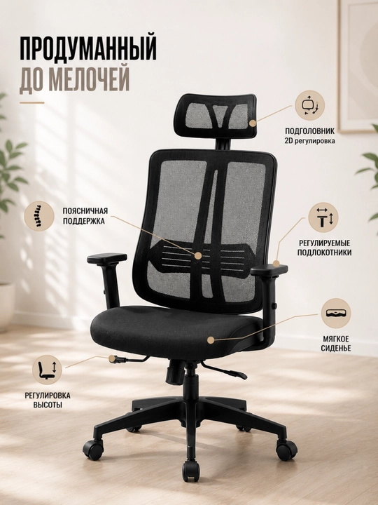 Ofis kreslosi baland suyanchiqli yumshoq o‘rindiqli va balandligi sozlanadigan qora kreslo