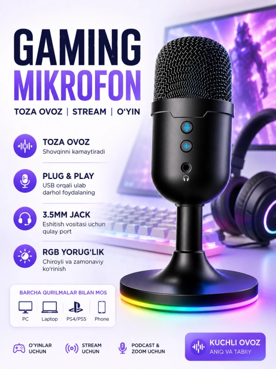 HOCO L25 gaming mikrofon RGB – USB, toza ovoz, stream va o‘yin uchun - 