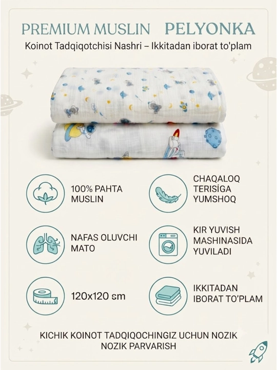 Muslin mato, sayr qilish, aravachalar va bolalar karavotlari uchun juda qulay, 110*110 sm - 