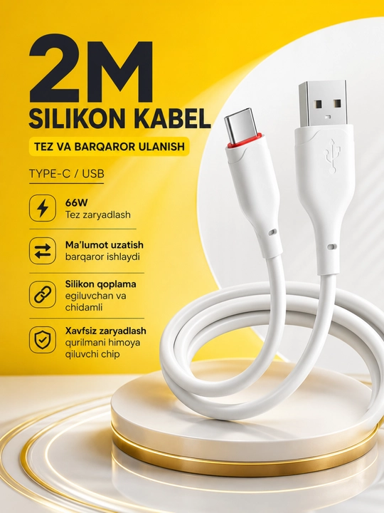 2M Кабель USB Type-C, для быстрой зарядки и передачи данных - 